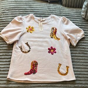 Mesh+Love Pink Sequin Western Boots, Horseshoe and Flowers Short Sleeve Top